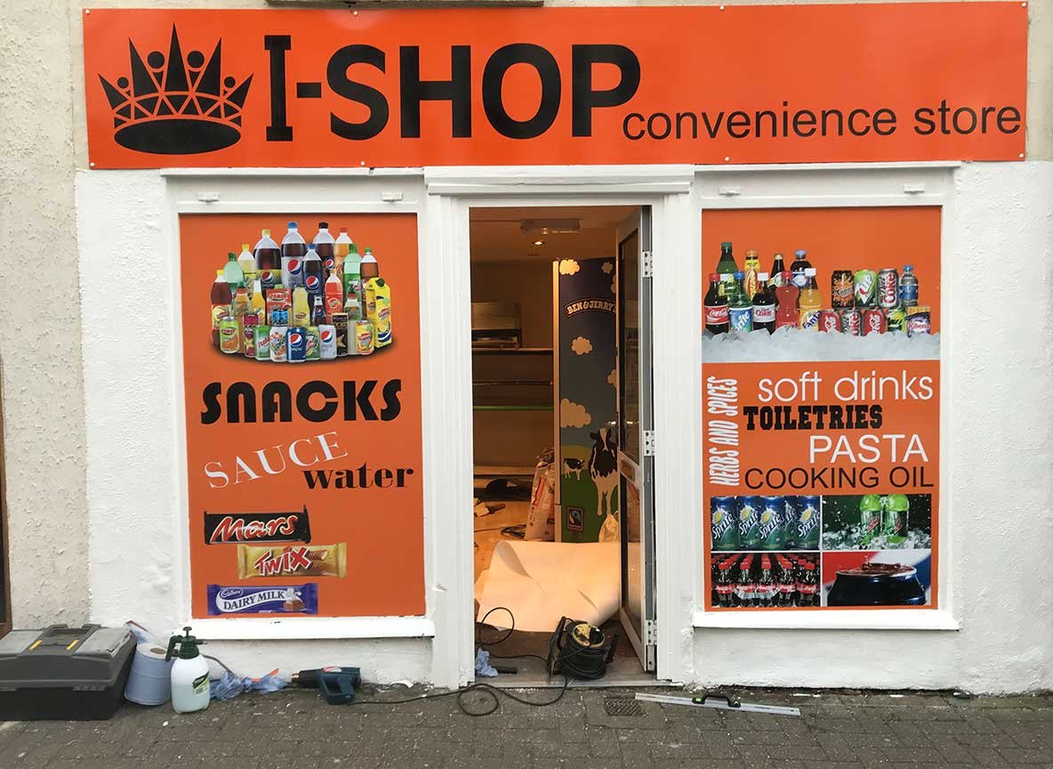Storefront Signage & Window Graphics for I-SHOP Convenience Store